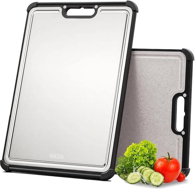 Premium 316 Stainless Steel Cutting Board for Kitchen– Double Sided,& BPA-Free Chopping Board with Food-Grade Steel &Eco-Friendly Wheat Straw PP,for Meat&Vegetables Healthy cutting boards non toxic