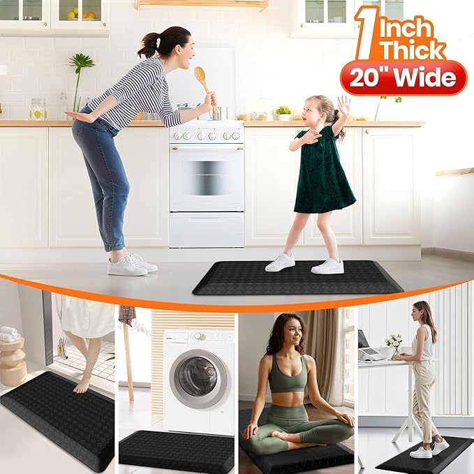 StepRite 1” Thick Kitchen Mats for Floor, Anti Fatigue Kitchen Rugs, Non-Slip,Heavy Duty Waterproof Kitchen Rug, Standing Desk Mat, Gifts for Friends, Family, Home, Kitchen, Office(39" x 20",Black)