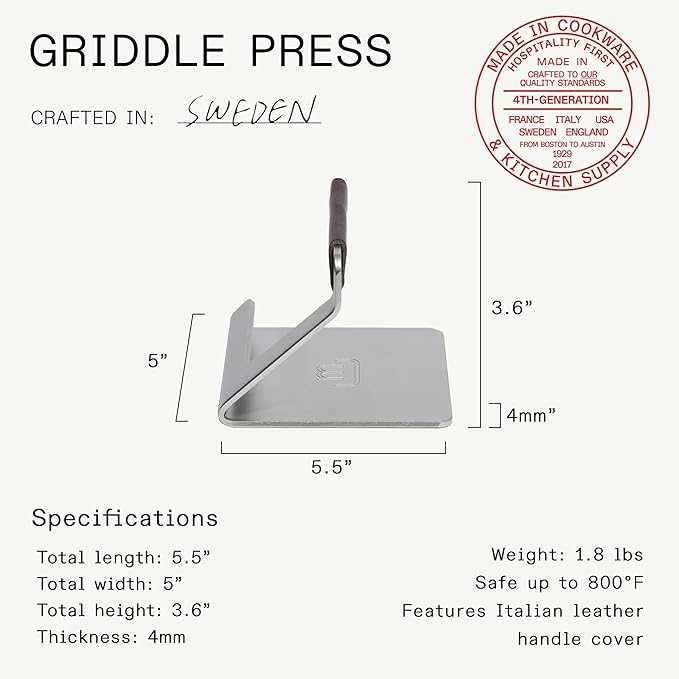 Made In Cookware - Stainless Steel Grill Press - Removable Leather Handle Cover - Crafted in Sweden