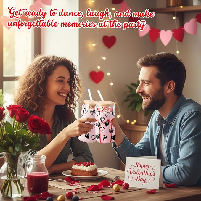 Sliner 2 Pcs Heart Glass Cups Valentines Galentines Day Tumbler with Lid Straw 16 oz Iced Coffee Cup Drinking Glasses Cute Beer Can Tumbler Holiday Gifts for Home Office Decorations