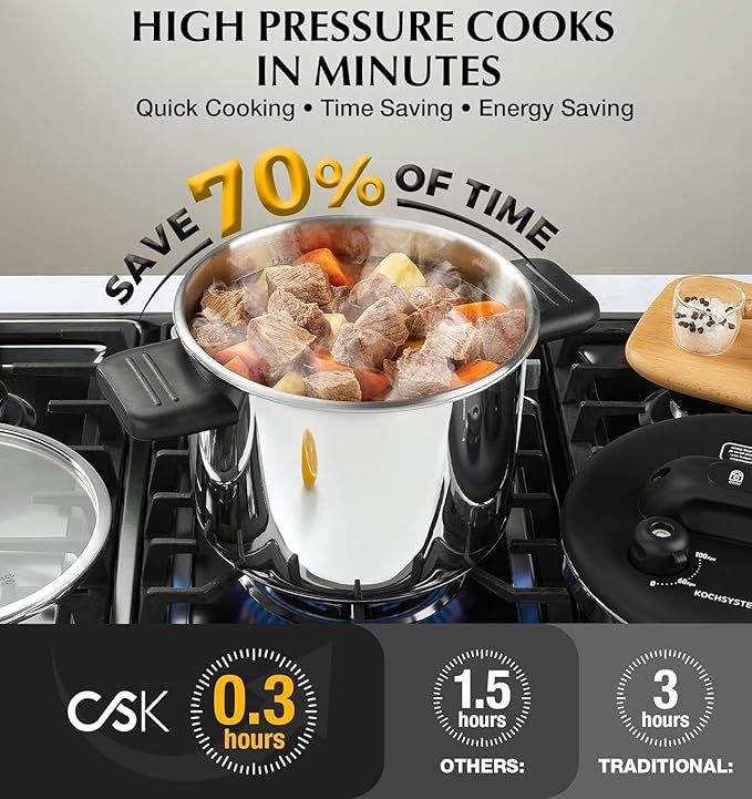 KOCH SYSTEME CS Pressure Cooker Stainless Steel, 6.3 QT Olla de Presion, Easy One-Press Lock, 3 PSI Settings Pressure Cooker, Save 70% Time, Gas & Induction Compatible, Glass Lid & Steamer Rack