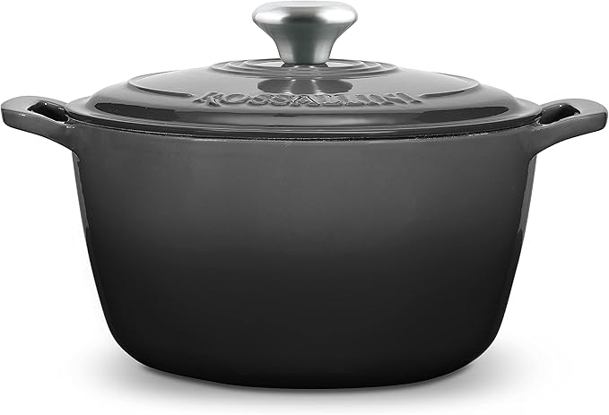 ROSSALLINI Signature Enameled Cast Iron Dutch Oven, Non-Stick Serving Pot with Tight Fitting Lid for Perfect Roasting, Baking, Sauteing, and Bread Making | 13.5Q (12.7L) - Oyster Grey