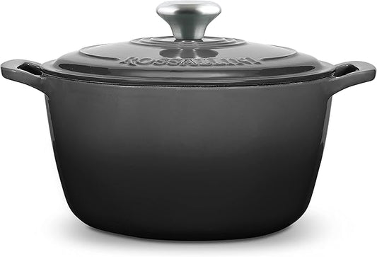 ROSSALLINI Signature Enameled Cast Iron Dutch Oven, Non-Stick Serving Pot with Tight Fitting Lid for Perfect Roasting, Baking, Sauteing, and Bread Making | 5.5Q (5.2L) - Oyster Grey