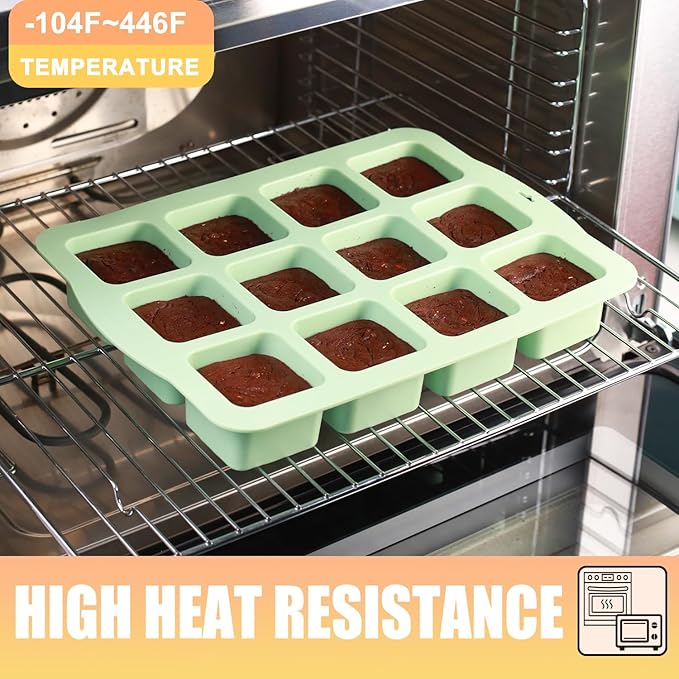 QELEG Silicone Brownie Pan with Dividers, 2 Set All Edges Square Cupcake Muffin Pans Non-Stick Baking Molds for Brownie Bites, Fudges and Keto Fat Bombs 2Pcs/12-Cavity