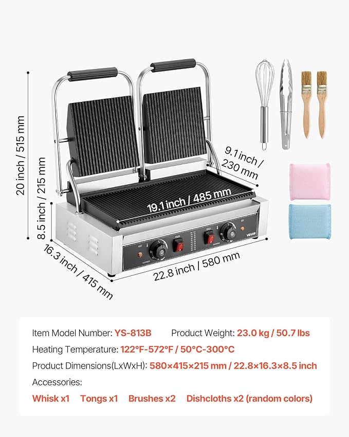 VEVOR Commercial Panini Grill, 3600W Electric Sandwich Panini Maker, Stainless Steel Double Sandwichs Press with Handle and Temp Control, 19x9 in Full Grooved Enamel Plate, for Hamburger Steak Bacon