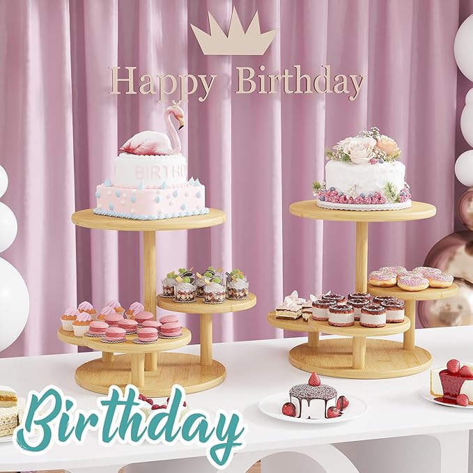 Cupcake Stand, 4 Tier Round Bamboo Wood Cupcake Tower Stand for 50 Cupcakes, Tiered Serving Trays, Wood Cake and Cupcake Stand (Natural_Bamboo)
