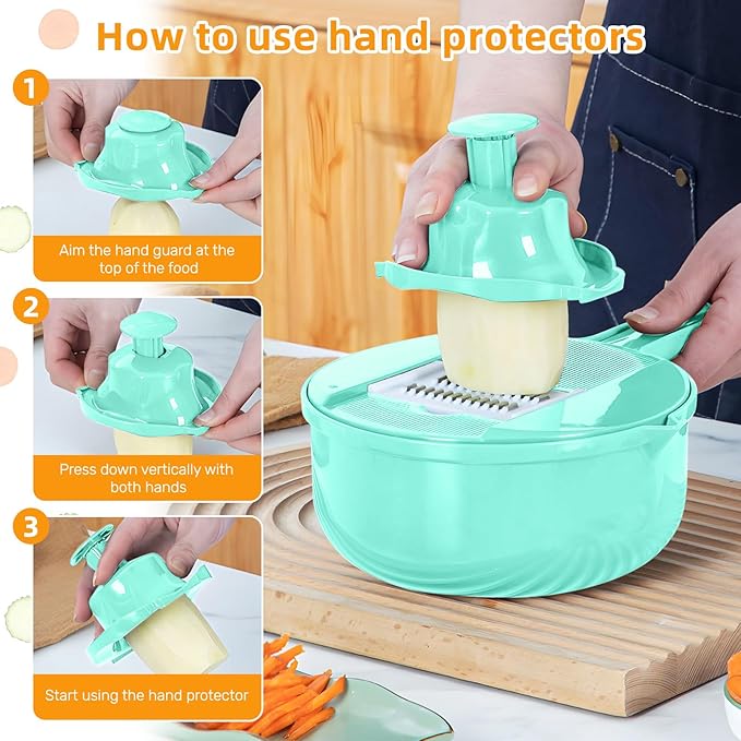Mandoline Food Slicer, Multifunctional Vegetable Slicer Cutter with Hand Protector, Vegetable Shredder for Potato, Tomato, Carrot (Green-9 in 1)