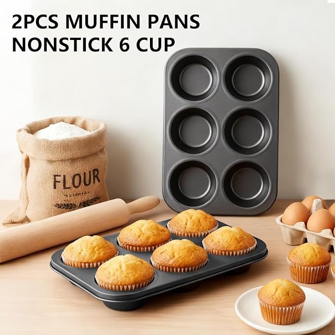 TAOUNOA Jumbo Muffin Pan 6 Cup Cupcake Tin Nonstick, 2PCS Durable Large Baking Pan for Big Muffins & Cupcakes, Easy Clean Carbon Steel Giant Muffin Tin for Oven Use, Parties