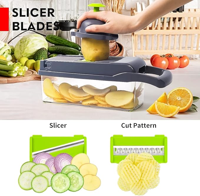 Multifunctional Vegetable Chopper & Slicer - 13 in 1 Food Chopper With 8 Blades, Dicer, Cutter for Onions, Carrots, Garlic & More - Container Included