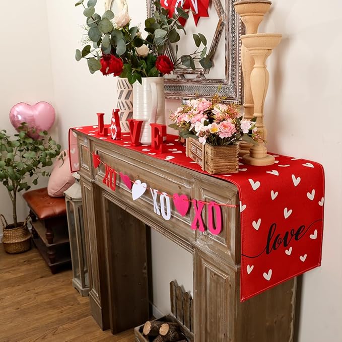 ARKENY Valentines Day Table Runner 108x13 Inches Love Heart Red Table Decor, Burlap Farmhouse Indoor Outdoor Holiday Anniversary Decoration for Home Party AT057-108