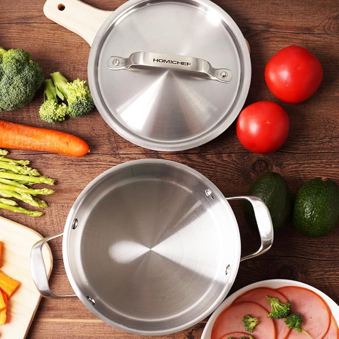 HOMICHEF 3.5QT Silver Nickel Free Stainless Steel Stockpot with Lid - Matte Polished, 8 Inch Wide, 7.6MM Thick Base, No Non-Stick Coating, 4.5 lbs