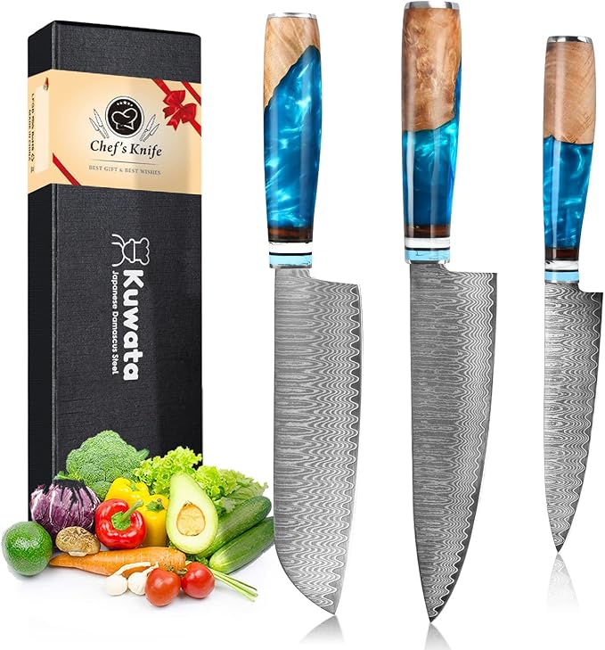 Chef Knife Set Damascus, 3PCS Professional Japanese VG10 Damascus Steel Kitchen Knife Set Chefs Knife, Paring knife, Santoku Knives, Chef Knife Set for Kitchen with Gift Box