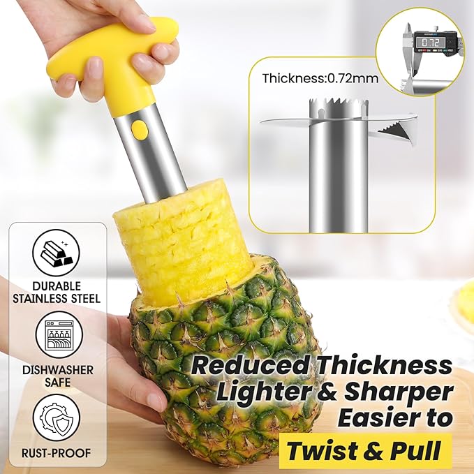 Premium Pineapple Corer and Slicer Tool - Sharp Pineapple Cutter with Serrated Tips - Easy to Use and Clean - Stainless Steel Core Remover for Pineapple - Core Fruits with Ease(Yellow)