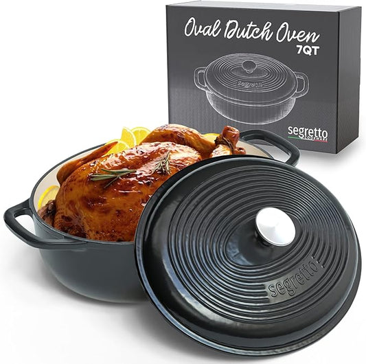 Segretto Cookware Enameled Oval Cast Iron Dutch Oven with Handle, 7 Quarts, Nero (Black), 7qt Cast Iron Pot with Lid | Enamel Dutch Oven for Bread Baking, Ceramic Pots for Cooking, Soup