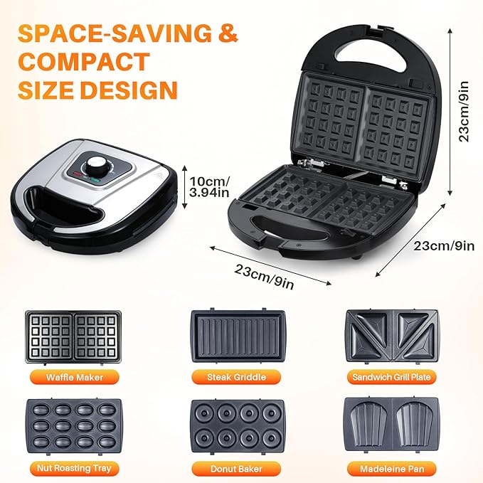 6 in 1 Waffle Maker With Removable Plates,Breakfast Sandwich Maker,Panini Press Grill Mini Donut Maker Machine with 5-Gear Temperature Control for Cooking Steaks Burgers,Grilled,Cheese