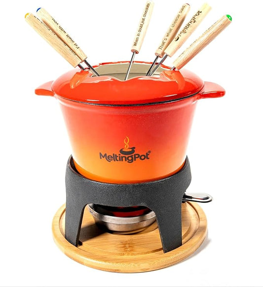 The Melting Pot Cast Iron Ombre Fondue Set – 1.6L Fondue Pot with Burner, Forks & Wood Base for Meat, Cheese & Chocolate Dipping