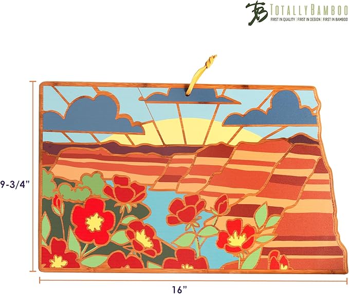 Totally Bamboo North Dakota State Shaped Cutting Board and Charcuterie Serving Platter with Artwork by Summer Stokes, Includes Hang Tie for Wall Display