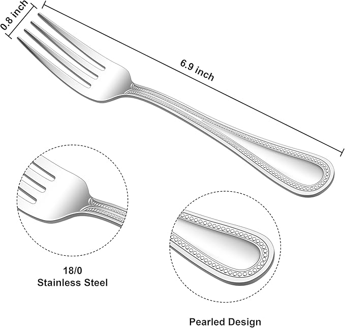 E-far Salad Forks Set of 12, 6.9 Inch Pearled Edge Dessert Forks Stainless Steel Suitable for Party, Home, Kitchen and Restaurant, Non-toxic & Mirror Polished, Dishwasher Safe