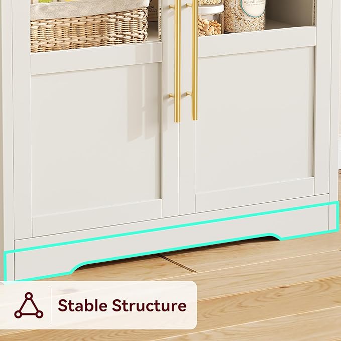Garvee Farmhouse Bakers Rack with Glass Door, Microwave Stand with Power Outlets, Kitchen Hutch Pantry Cabinet, Kitchen Coffee Bar Cabinet for Spices, Dishes, and Pots, White