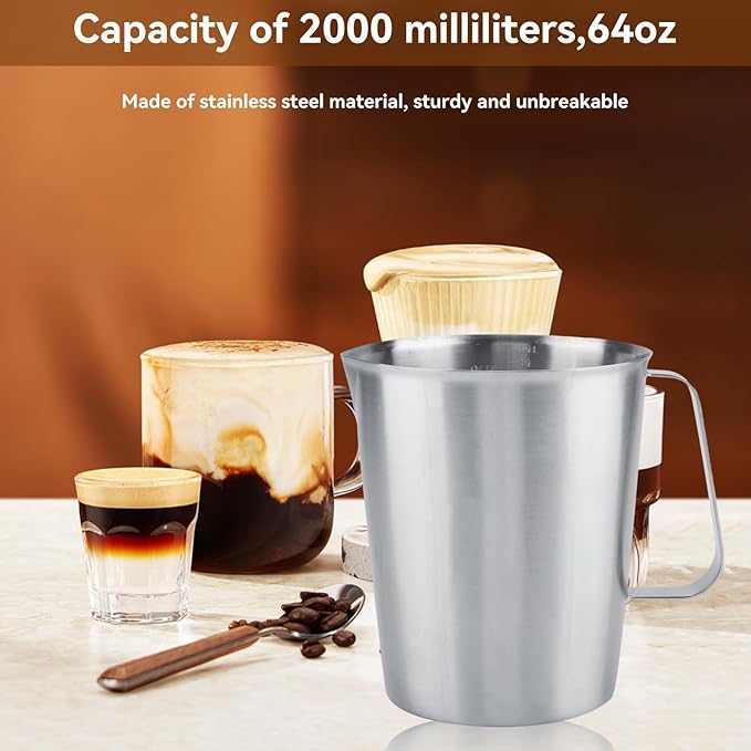 Stainless Steel Measuring Cup, 2L 64oz Metal Measuring Cup with Handle and Marking 8 Cup Heavy Duty Measuring Pitcher Large Mouth Graduated Beaker for Latte Art