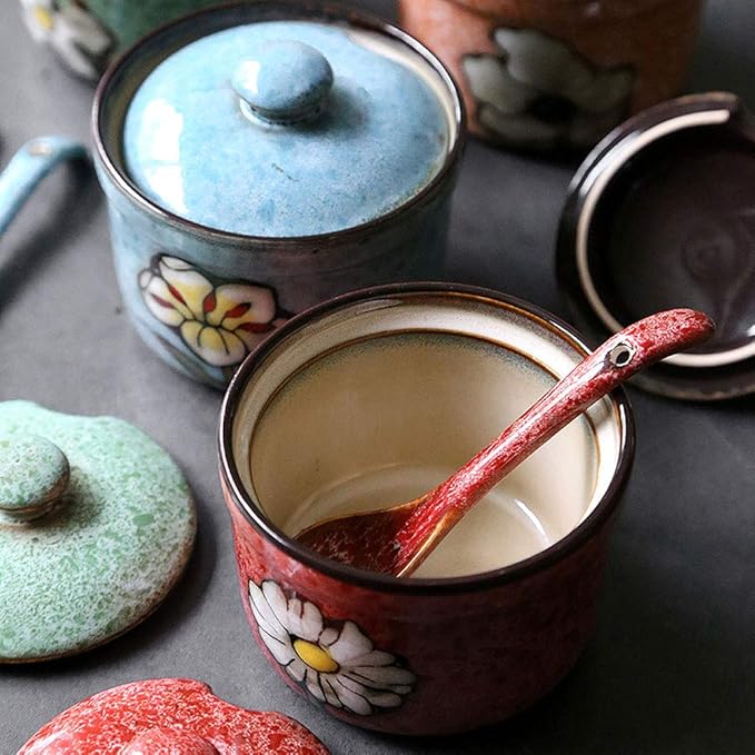 VanEnjoy Retro Hand Painted Flower Ceramic Round Sugar Bowls Spice Containers Porcelain Jar with Spoon Round Condiment