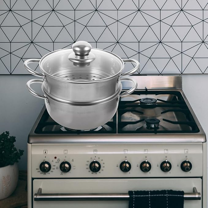 YARNOW Stainless Steel Steamer Pot 9.44 Inch Double Layer Large Capacity Cooking Pot Compatible with Gas and Induction Stove Kitchen Steamer for Healthy Meal Preparation