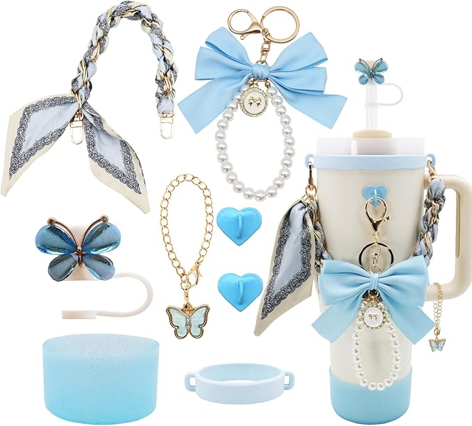 Stanley Cup Accessories Set for 40oz & 30oz Tumbler Including Water Bottle Handle Strap、Bow Keychain、Cup Ring、Bling Silicone Boots、Butterfly Straw Topper、Charm Accessories for Stanley Cup