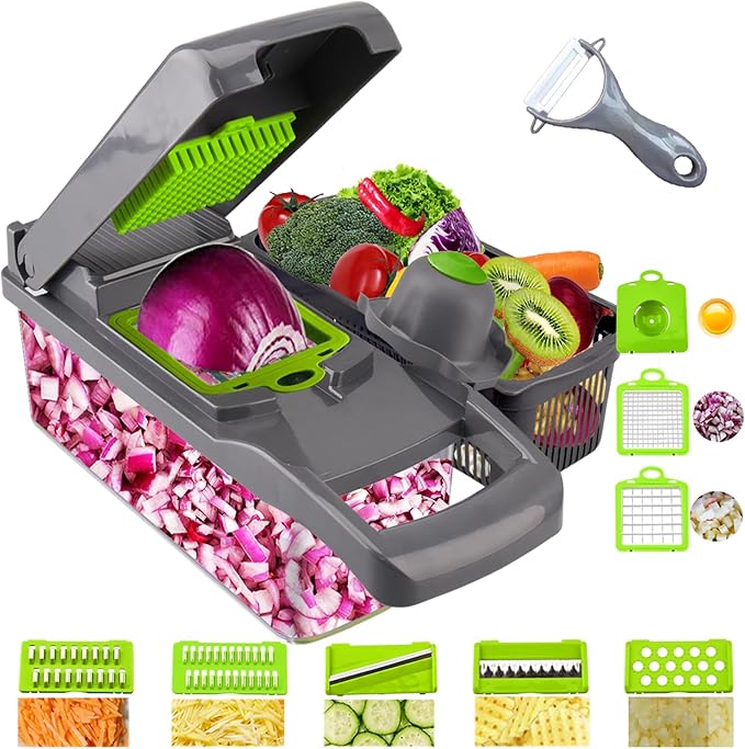 Vegetable Chopper Creator-Top Onion Chopper Dicer Mandoline Slicer Cutter Pro Food Chopper Slicer Durable Veggie Cutter with Large Container Drain Basket and 8 Blades for Tomato Potato Carrot