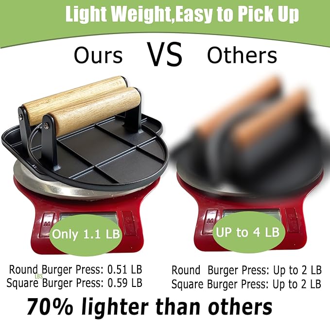 Smash Burger Press for Griddle - Lightweight with Wood Handle (70% Lighter Than Others), Rustproof Burger Press Bacon Press for Grill, Smasher Ideal for Blackstone Griddle