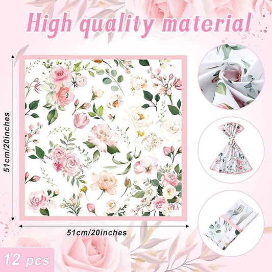 12 Pcs Floral Cloth Napkins 20'' x 20'' Washable Dinner Tea Party Napkins for Kitchen Party Wedding Restaurant Indoor Outdoor Botanical Fresh Spring Summer