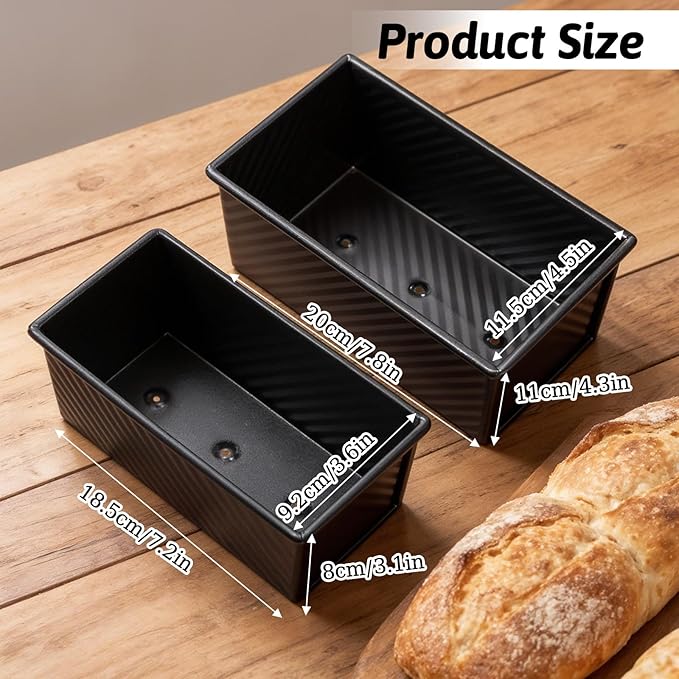 Lyksgir 2 Pack Black Pullman Loaf Pan with Lid, Non-Stick Bread Loaf Pan, 2.2lb & 1lb Carbon Steel Corrugated Toast Tin, Carbon Steel Toast Box with Cover for Homemade Bread Sandwich and Sourdough