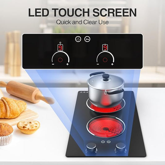 2 Burner Electric Cooktop - 12" Infrared Electric Stove Top with Knob Control, Countertop & Built-in, 2100W Ceramic Electric Hot Plate with 9 Power Levels, Child Lock, Timer, Residual Heat Warning