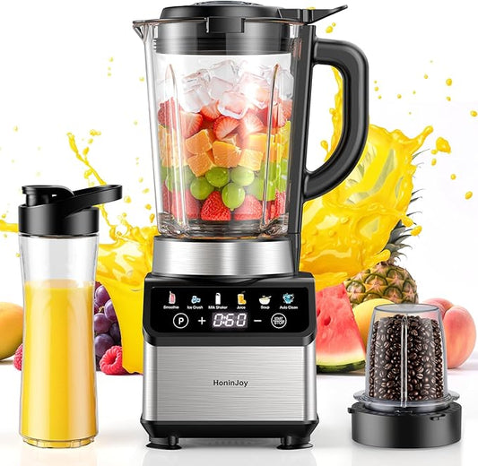 HoninJoy Blenders for Kitchen, Countertop Smoothie Blender with 51oz Glass Pitcher, Grinder & To-Go Cup Combo, 10 Speeds Digital Touchscreen Blender for Smoothies, Shake, Crush Ice, Dishwasher Safe