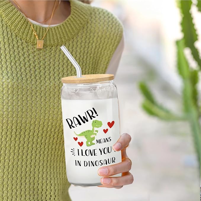 Dinosaur Glass Cup with Lids and Straws 14oz Gifts for Boys Girls Kids Adults, Rawr Means I Love You in Dinosaur Glass Iced Coffee Tumbler Drinking Jars with Cleaning Brush