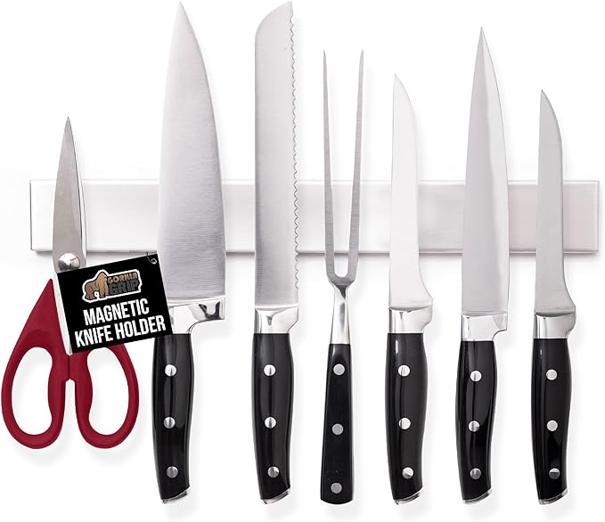 GORILLA GRIP Stainless Steel Magnetic Knife Holder for Wall, Magnet Bar for Knives, Tools, Supplies, Heavy Duty Metal Strip Holds Up to 6 lbs, Kitchen Organizer, 10 in, Non-Adhesive, Drilling Required