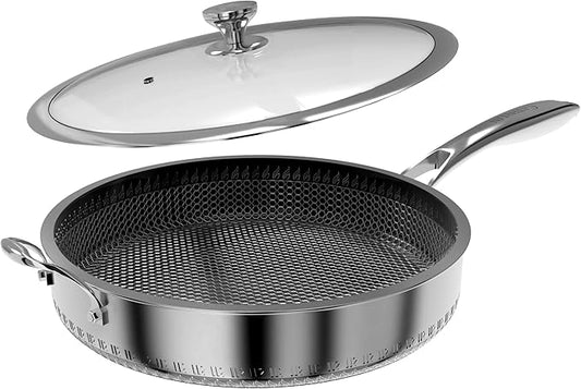 CATHYLIN 316L Stainless Steel 8QT Frying Pan Hexagon Nonstick Wok with Lid,Single Handle to Hold, PFOA Free, Dishwasher Oven Safe (8QT/Single Handle)