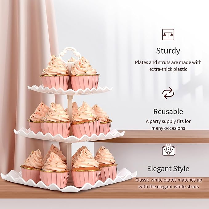 NWK 5 Piece Cake Stand Set with 2 x Large 3-Tier Cupcake Stands, 3 x Appetizer Trays, for Wedding Birthday Baby Shower Tea Party Decorations (White)