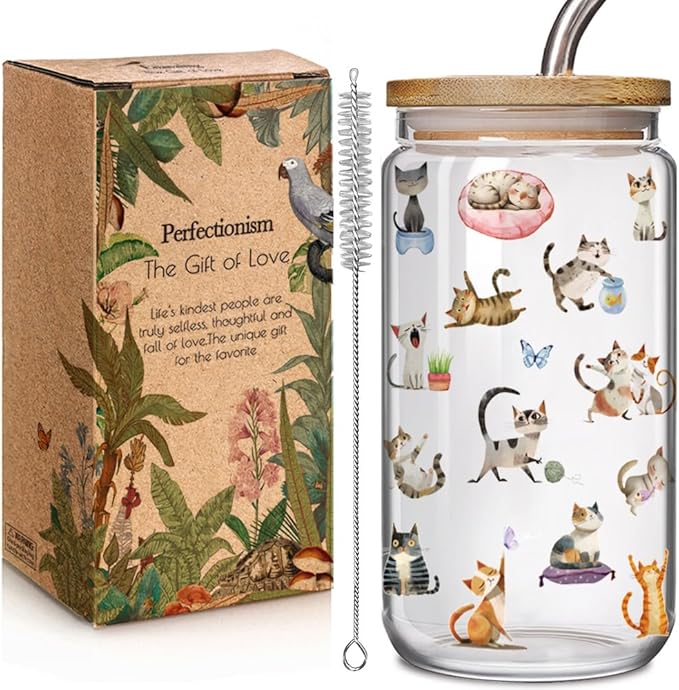 Funny Cat Glass Cups with Lids and Straws Gifts for Love Cats Women Girls, Cute Cool Cat Lover Gifts Decor Stuff Accessories, Cats Lovers Owners Christmas Gift for Daughter Sister Aunt Best Friends