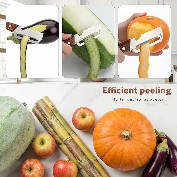 2 Pcs Multi-Functional Vegetable Peeler for Kitchen, Features Solid Wood Handles, Stainless Steel Blade, with Bottle Opener, Kitchen Peeling Tool for Fruits Potatoes Apples Carrots Zucchini