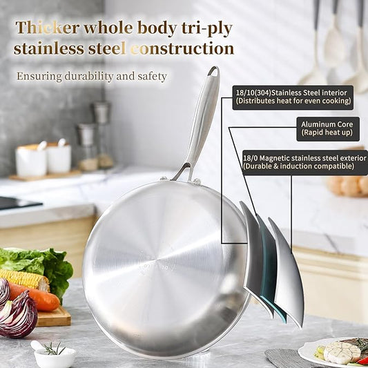 DELARLO Tri-ply Stainless Steel Frying Pan Set with Lid 8" 10" Induction large Skillets Chef's Pan,Pots and Pans Set Kitchen Cookware Set Suitable for All Stove