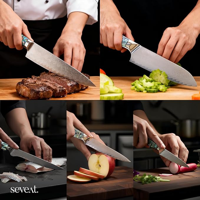 Damascus Kitchen Knife Set, 67-Layer Damascus Steel, Professional Chef Knives Set for Kitchen, Ergonomic Wood & Resin Handle (Blue, 9 pieces with Wooden Block)