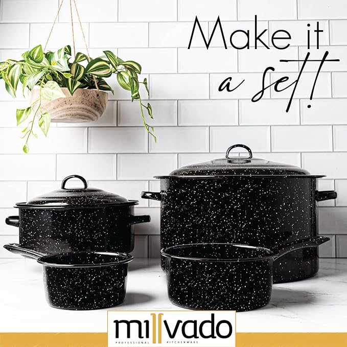 Millvado 2 Quart Granite Saucepan, Naturally Nonstick Sauce Pots, Speckled Enamel Ware Cookware, Small Sauce Pan for Cooking and Boiling - Granite Cooking Pot for Stovetop, Campfire, Outdoor Stove