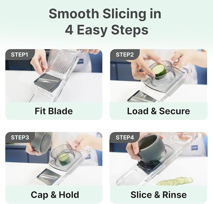 6-in-1 Mandoline Slicer for Kitchen - Easy to Use Vegetable Chopper & Compact Julienne Slicer with Safe Guard & Crystal Clear Body - Handheld Food Slicer Cutter for Healthy Salad, Potato, Onion