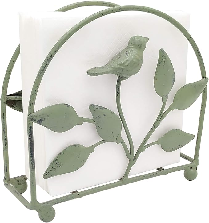 Cast Iron Bird & Tree Classic Napkin Holder/Tabletop Freestanding Tissue Dispenser, Rustic Green