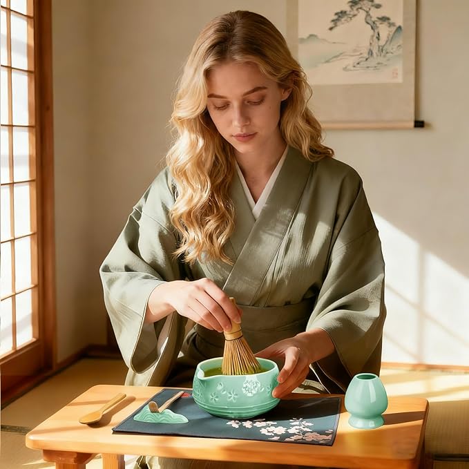 Matcha Whisk Set, Ceramic Bowl with Spout, Bamboo Matcha Whisk & Spoon, Chasen Holder, Scoop Rest, Sifter, 8-Pcs Japanese Ceremony Matcha Powder Kit–Happy New Year 2026 Gift for Women-Mint