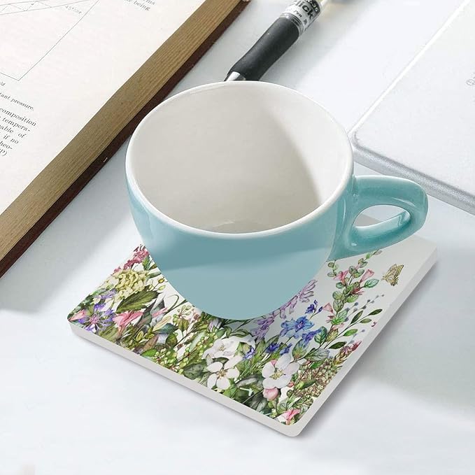 Floral Drink Coasters, Square Ceramic Drink Coaster Square-4PCS, Watercolour Flower Herb Nature Plant Floral Butterfly Decor Absorbent Ceramic Coasters for Beverage Cup, Bar, Coffee Table