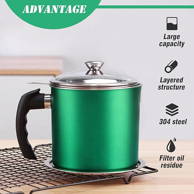 Bacon Grease Container with Strainer,Kitchen Oil Container Can with Strainer and Anti-slip coaster tray for Store Meat Frying Oil and Cooking Grease Storage (Green)