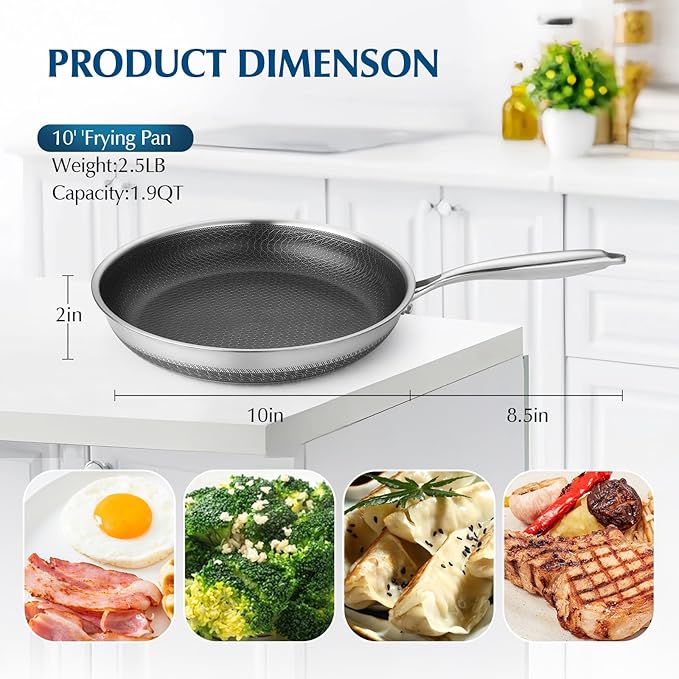 Dingerkit Non Stick Frying Pans, 10 inch Stainless Steel Nonstick Fring Pan with Honeycomb for Kitchen Cooking - Skillet for Cookware - Works with Induction Cooktop Ceramic and Gas.