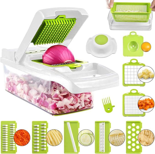 ADOV Vegetable Chopper, 14 in 1 Multi-Function Kitchen Mandoline Slicer, 7 Replaceable Stainless Steel Vegetable Cutter with Egg Separator Hand Guard Julienne Grater for Onion Potato Fruits (Lime)