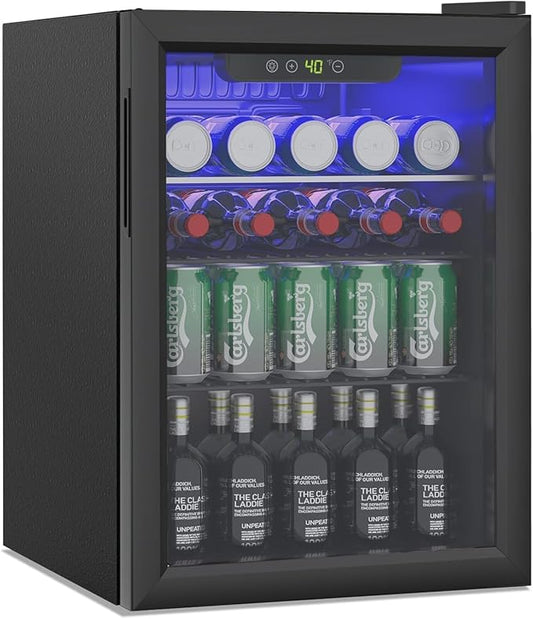 Compact Beverage Refrigerator, 105 Can/2.7 Cubic Feet Fridge with Glass Front Door for Soda, Beer or Wine, Under Counter Small Refrigerator with Adjustable Shelve & Digital Display(Black)